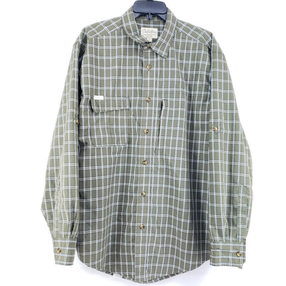 Cabelas Mens Large Green Plaid Long Sleeve Button-Up Shirt Casual Outdoor